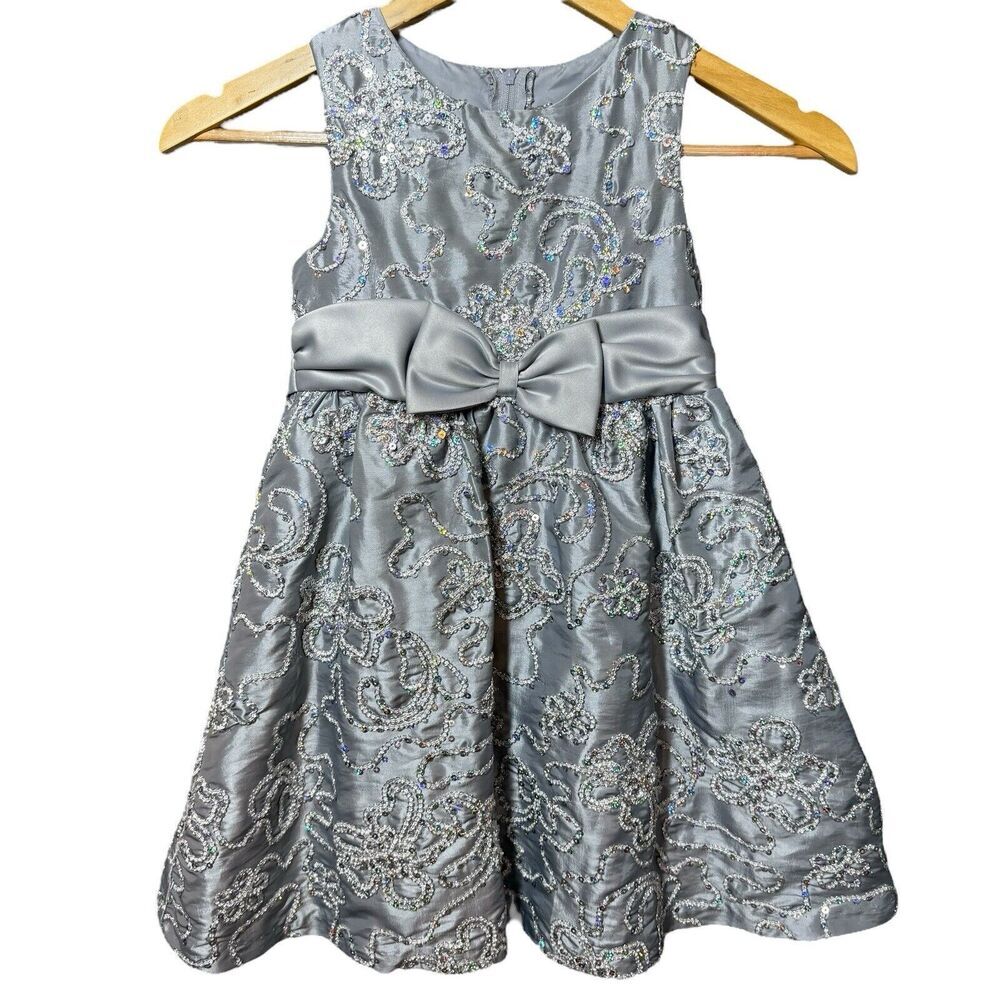 Rare Editions Silver Gray Floral Pattern Sequin‎ Party Dress Girls Size 5